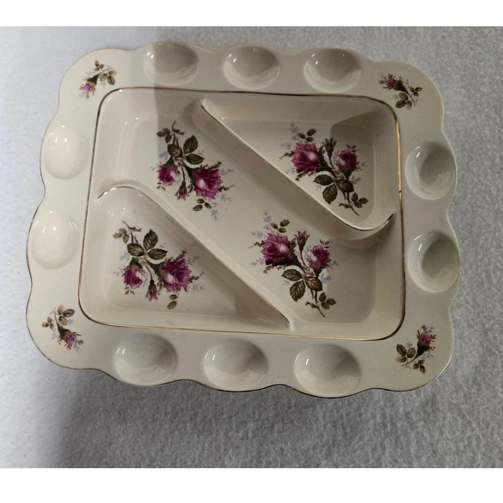 Vintage Deviled Egg Platter 12 Egg Rose Floral Divided Relish Serving Tray